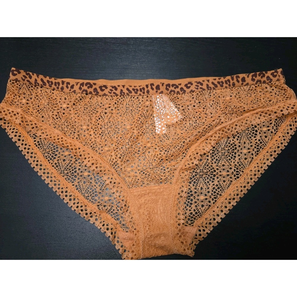 NWT Victorias Secret Bikini Panties L Orange Crochet Lace Leopard Cheetah Trim